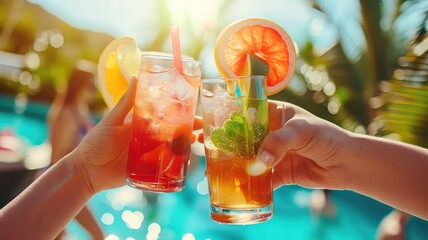 A photo of a close-up of hands toasting with summer cocktails at a poolside party, with a sunlit, refreshing background, 