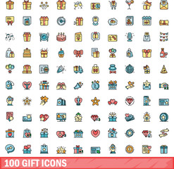 Poster - 100 gift icons set. Color line set of gift vector icons thin line color flat on white