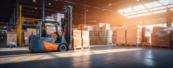 Modern future fork lift in warehouse. Heavy truck loadre in factory house. copy space for text.