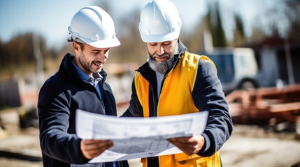 Team of architects at a building site looking at blueprints.