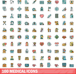 Sticker - 100 medical icons set. Color line set of medical vector icons thin line color flat on white