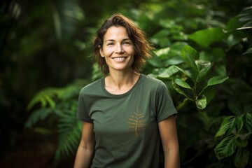 Wall Mural - Portrait of a happy woman in her 40s sporting a vintage band t-shirt against a lush tropical rainforest. AI Generation