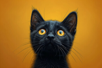 Wall Mural - minimalism, flat illustration, cute black cat,big round eyes, yellow background, graphic design, cutestyle