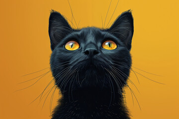 Wall Mural - minimalism, flat illustration, cute black cat,big round eyes, yellow background, graphic design, cutestyle