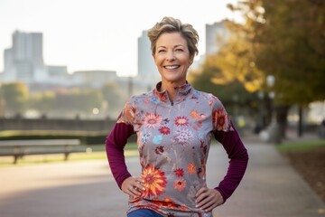 Wall Mural - Portrait of a smiling woman in her 50s wearing a moisture-wicking running shirt against a vibrant city park. AI Generation