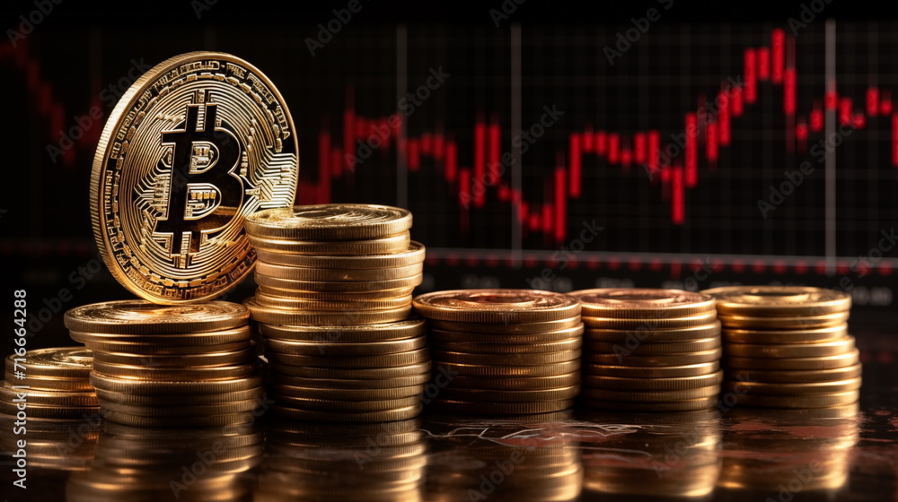 3D gold Bitcoin on price candlestick chart background. Market crash ...