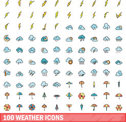 Canvas Print - 100 weather icons set. Color line set of weather vector icons thin line color flat on white