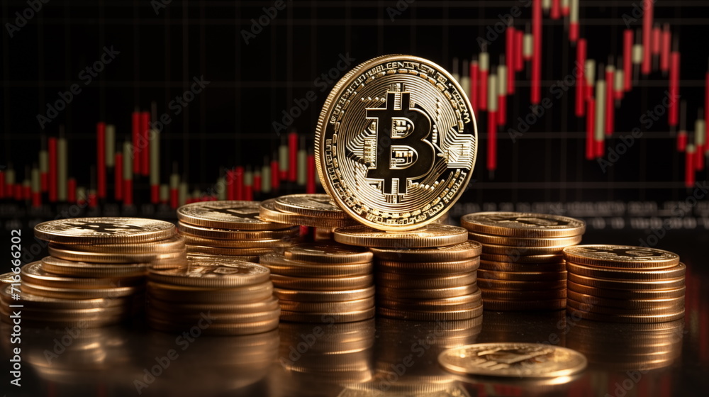 3D gold Bitcoin on price candlestick chart background. Market crash ...
