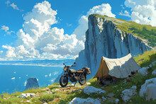 A Painting Of A Motorcycle Parked Beside A Tent On The Side Of The Cliff, In The Style Of Anime Aesthetic, Swiss Style, Uhd Image, Landscape Painting, Brown And Blue, Sky-blue And Green