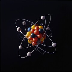 Wall Mural - atomic dance: subatomic realm, electrons, neutrons, and protons orbit a fixed nucleus in a model emp