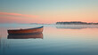 A serene Eastern European lake at dawn with mist rising off the water and a lone wooden boat.