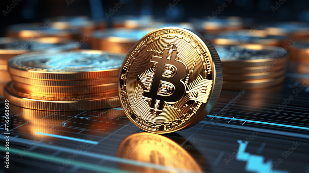 3D gold Bitcoin on price candlestick chart background. Dark trading ...