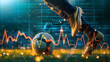 close up foot of a soccer player kicking a ball, stock chart background, investing or trading in stock or currency market background concept