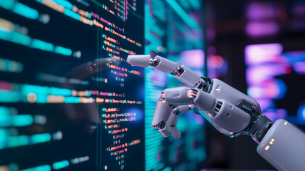 Robotic hand working on a computer or mornitor to replace humans in the future, Investments and program coding that use robots instead of human work, megatrend.