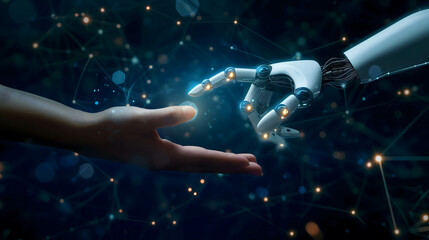 hand of human and robot or artificial Intelligence connecting data information , machine learning technology