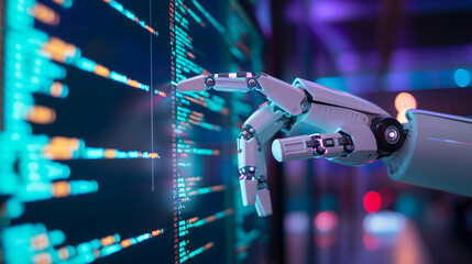 Robotic hand working on a computer or mornitor to replace humans in the future, Investments and program coding that use robots instead of human work, megatrend.