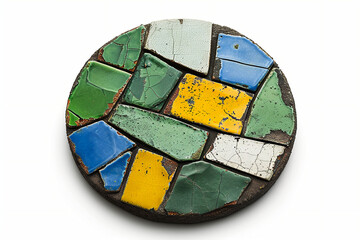 circular terracotta tile with blue, green and yellow colors, in the style of energetic mark making, americana iconography, industrial paintings, bold contrast and textural play, light white and light 