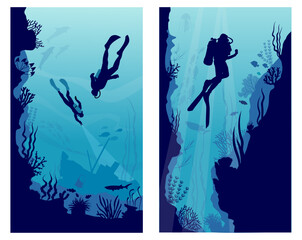 Wall Mural - Underwater landscapes with divers, silhouettes of fish and seaweed. Vector illustration.