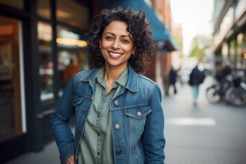 Canvas Print - Portrait of a grinning indian woman in her 40s sporting a rugged denim jacket against a bustling shopping mall. AI Generation