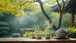 A traditional tea ceremony in East Asia with delicate porcelain teacups a steaming teapot and a tranquil garden setting.