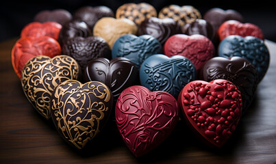 Wall Mural - Top view of cookies in shape of hearts decorated by pink icing. Lots of heart-shaped cookies. Colorful icing on cookies. Festive mood