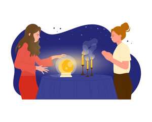 Fortune teller with magic ball. Destiny prediction, occult forecasting ritual cartoon vector illustration