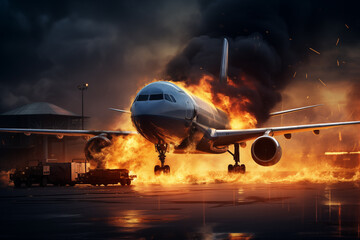 Wall Mural - In aftermath of passenger plane crash, an aircraft burns at airport after an explosion AI Generation