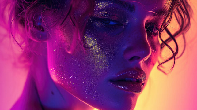 high fashion model lips and face woman in colorful bright neon uv blue and purple lights, posing in 