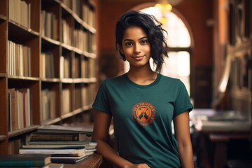 Wall Mural - Portrait of a happy indian woman in her 20s sporting a vintage band t-shirt against a classic library interior. AI Generation