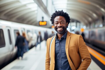 Wall Mural - Portrait of a smiling afro-american man in his 40s dressed in a stylish blazer against a modern city train station. AI Generation