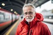 © CogniLens - Portrait of a content man in his 70s wearing a windproof softshell against a modern city train station. AI Generation