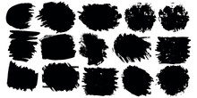 Grunge Badge Brush Black Paint Ink Stroke Illustration. Set Of Vector Black Paint, Ink Brush Strokes, Brushes, Lines, Grungy Texture. Artistic Design Elements Circles, Waves, Rectangle Paintbrush Set
