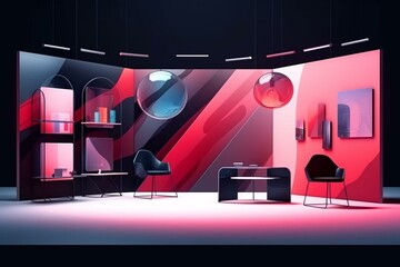 Illustration of booth design elements with banner system for trade show exhibition. Corporate identity display. Generative AI