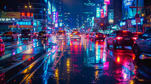 Nighttime Traffic In A Neon-lit Metropolitan Area Reflecting Off Wet Streets.