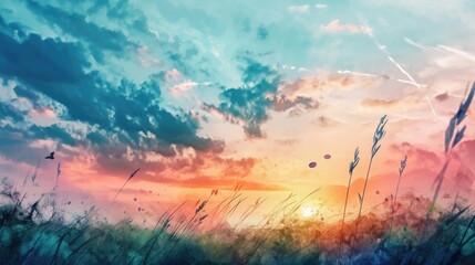 Wall Mural - Colorful Sunset Sky with Abstract Clouds and Wild Grass. Vivid watercolor painting of a vibrant sunset with abstract clouds and grass.