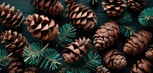  A Group Of Pine Cones Sitting On Top Of A Wooden Table Next To Green Needles And Pine Cones On Top Of A Wooden Table With Pine Cones On Top Of Them.