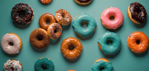  a bunch of doughnuts that are sitting on a blue surface with sprinkles on the top of the doughnuts and bottom of the doughnuts.