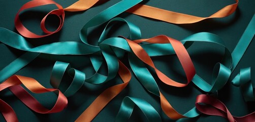 Poster -  a close up of a bunch of ribbons on a green surface with red, orange, and green ribbons in the middle of the ribbon and the middle of the streamers.
