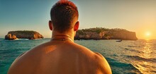  The Back Of A Man's Head As He Looks Out Over A Body Of Water At A Small Island In The Middle Of A Body Of Water With Boats In The Distance.