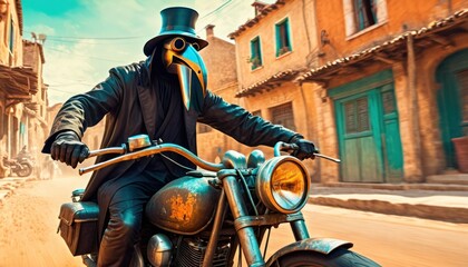  a man riding on the back of a motorcycle down a street with a top hat and a cane in front of a building with green shutters and a blue sky.