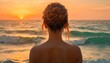  the back of a woman's head as she stands in front of a body of water with the sun setting in the distance behind her and a body of water.