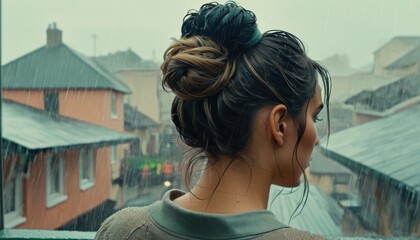  a woman standing in front of a window with rain falling down on her head and buildings in the background and a person standing in front of a window with an umbrella on a rainy day.