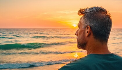 Sticker -  a man standing on top of a beach next to the ocean under a cloudy sky with the sun setting over the ocean and a wave coming in front of him.