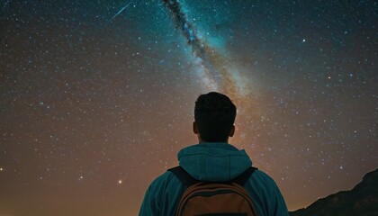 Wall Mural -  a man looking up at the stars in the sky with a backpack on his back and a backpack on his shoulder, with a view of the milky in the distance.