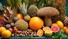  A Table Topped With Oranges, Pineapples, Bananas, Apples, And Other Fruits And Veggies Next To A Mushroom On Top Of The Table.