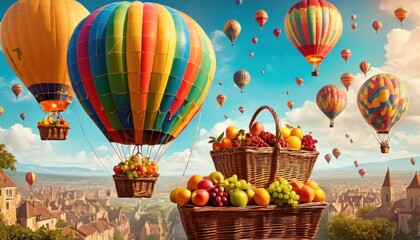 Wall Mural -  a painting of a bunch of hot air balloons in the sky with a bunch of fruit in the basket in the foreground and a bunch of other hot air balloons in the background.