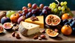  a wooden table topped with lots of different types of fruit and cheese on top of a wooden table next to a bunch of grapes and a bunch of oranges.