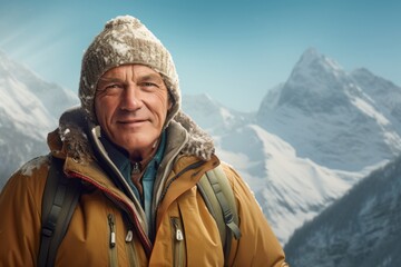 Wall Mural - Portrait of a satisfied man in his 80s dressed in a water-resistant gilet against a pristine snowy mountain. AI Generation