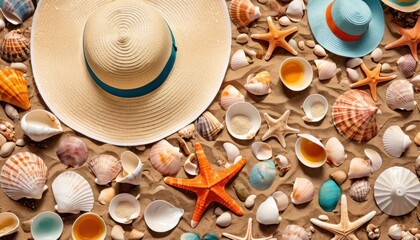  a hat, starfish, seashells, and seashells are laid out on the sand to be used as a backdrop for a photo ornament.