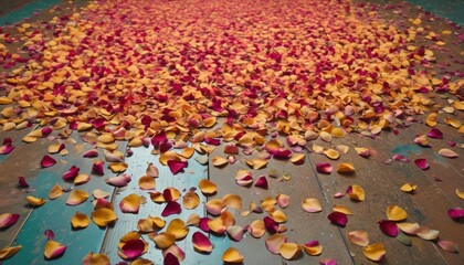 Canvas Print -  a bunch of petals that are laying on the ground in the middle of a room with a blue floor and a wooden floor in the middle of the floor is a lot of petals.